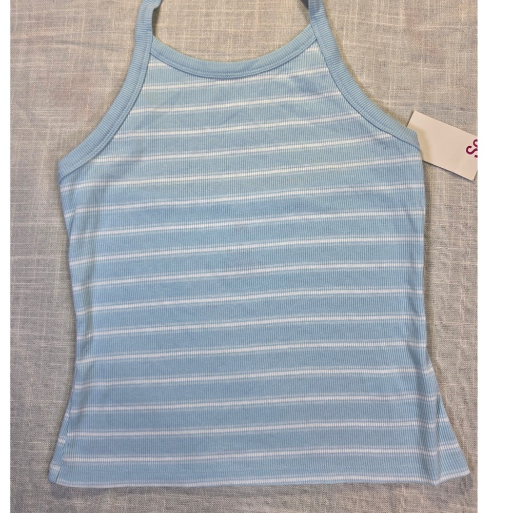 SO High Neck Halter Top Blue White Striped Ribbed Tank M JG11K030RR